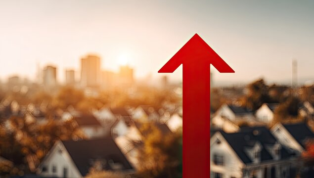 Red Arrow Upward Trend Over Suburban Neighborhood at Sunset.