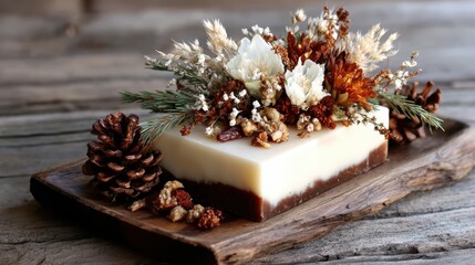 Naklejka premium An artistic display of beautifully crafted soap adorned with delicate flowers and natural elements, showcasing creativity and a connection to nature in self-care and wellness.