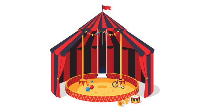 A red and black striped circus tent featuring an open front with a central swing and a small tricycle plus musical instruments on the ground on white background.