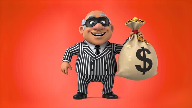 A humorous 3D character of an elderly bald man in a striped prisoner suit and mask holding a large sack of cash with a dollar sign. Representing themes of robbery, banking security, and financial crim