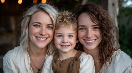 Fototapeta premium This heartwarming portrait features two smiling women and a cheerful child, capturing a beautiful family bond filled with love, joy, and connection in a bright, natural environment.