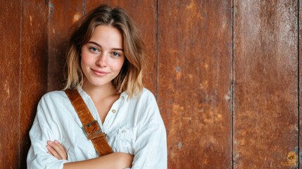 Fototapeta premium A smiling young woman with a relaxed vibe stands confidently in front of a weathered wooden wall, embodying a spirit of youth, warmth, and approachability in her expression.