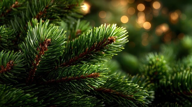A detailed close-up image of vibrant green pine tree branches, capturing its texture and freshness, evoking feelings of nature, holiday spirit, and the beauty of evergreen foliage.