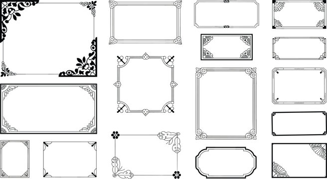 Vintage decorative frame silhouette set featuring ornate corner borders and classic rectangular label designs for wedding invitations and antique stationary