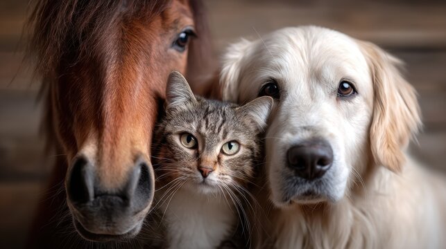 A close-up portrait featuring a horse, a cat, and a golden retriever, symbolizing the bond between different animal species and the joy they bring as pets.