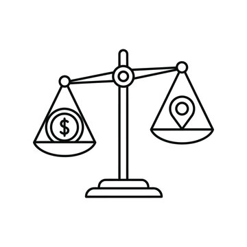 Balance scale icon with a dollar coin and a location pin representing money and place value comparison isolated on white background, Vector