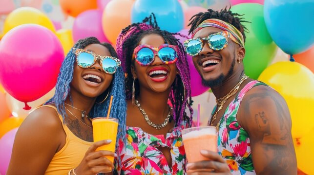 Vibrant Festival Friends: Joyful Celebration with Balloons and Drinks