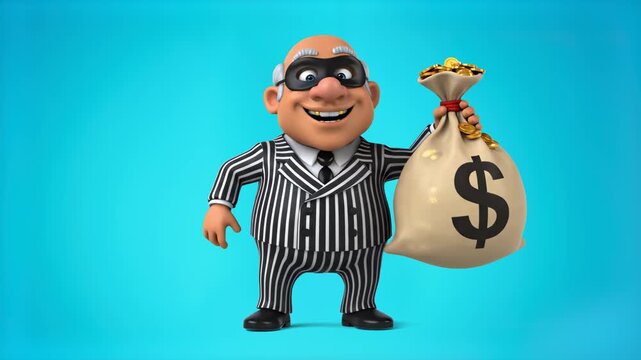 A funny 3D animated thief character in a striped suit and mask, holding a large burlap sack with a dollar sign. Ideal for security branding, financial crime metaphors, and playful banking advertisemen