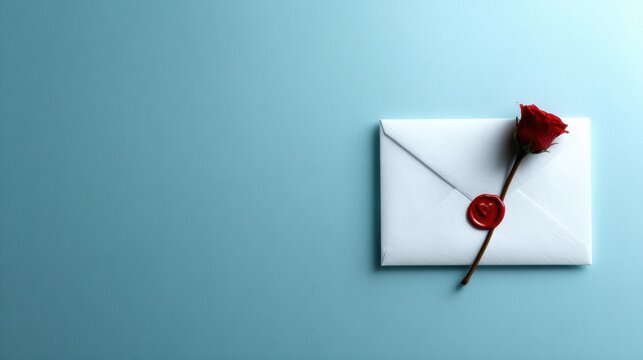 A pristine white envelope seals a heartfelt message, adorned with a vibrant red rose, symbolizing love, romance, and sincerity against a soft blue backdrop.