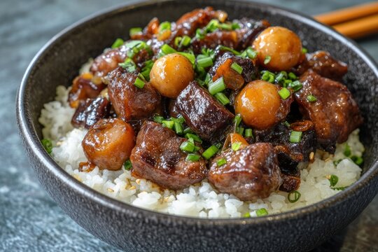 Delicious Beef Stew with Rice and Quail Eggs in a Dark Bowl