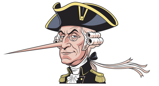 Caricature of a historical figure with an exaggerated long nose and colonial military attire.