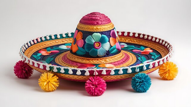 Colorful Mexican sombrero hat with pom poms