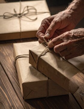 elderly hands wrapping parcel in rustic brown paper with twine on dark wooden table, sustainable gifting, zero waste, traditional craft