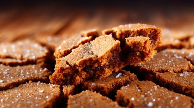 A close-up of freshly baked brown cookies, cracked and sprinkled with sugar, evocatively showcasing deliciousness and warmth, perfect for indulging in sweet moments.