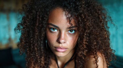Fototapeta premium A captivating close-up portrait of a woman with beautiful curly hair, mesmerizing blue eyes, and a natural expression against a softly blurred background light.
