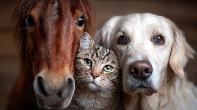 A charming close-up of a horse, cat, and dog, showcasing their unique features. This image radiates warmth and companionship, perfect for animal lovers and pet enthusiasts.
