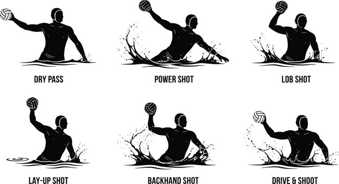Water polo player silhouette icon set featuring dry pass power shot lob shot lay-up shot backhand shot drive and shoot.