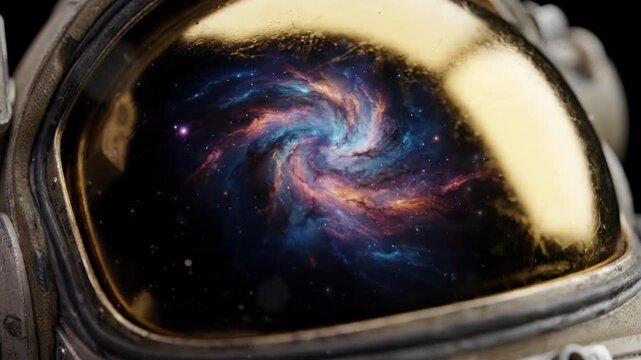 Astronaut helmet visor reflecting swirling galaxy. Cosmic nebula animation in space gear. Exploration of universe through protective visor in digital sequence
