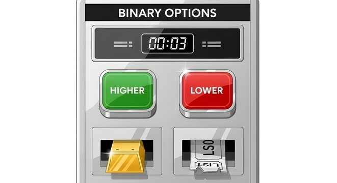 Binary options trading machine with higher and lower buttons and timer showing 0003 milliseconds for input and output tickets representing trading outcomes.