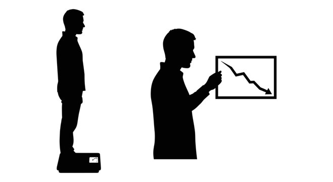 Black silhouettes, business people icons, weighing scale, graph presentation, office concept, vector graphics
