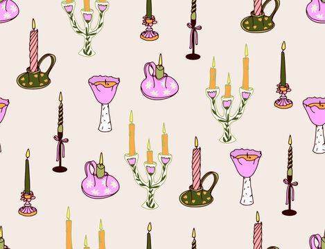 Seamless pattern with colorful candles and candlesticks.
