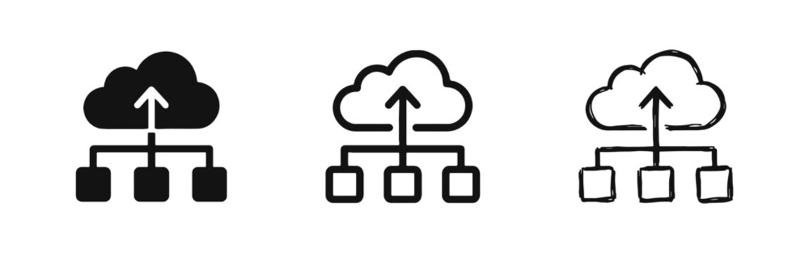 Cloud upload with nodes icon set for data synchronization