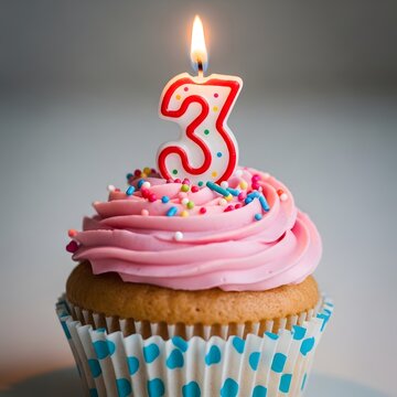 A vibrant pink-frosted cupcake, adorned with colorful sprinkles and a glowing number three candle, perfect for a delightful third birthday celebration and sweet milestone