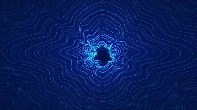 Abstract digital background featuring hypnotic concentric wavy lines in bright blue neon, radiating from a dark central void, creating a mesmerizing tunnel effect.