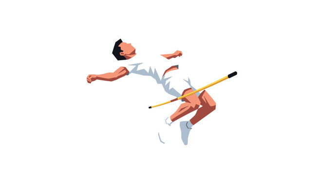 A stylized illustration of a male athlete performing a high jump over a yellow bar against a clean white background with a minimalist aesthetic and flat color design.