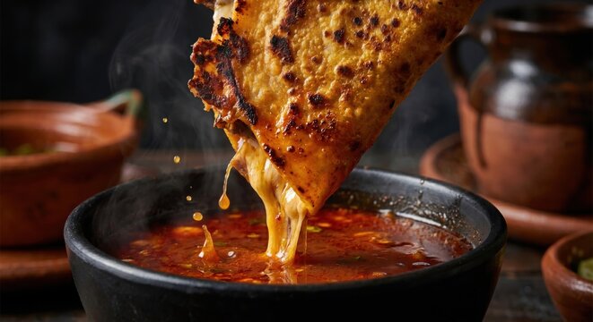 Crispy quesabirria taco dipping in steaming beef consomm&eacute;