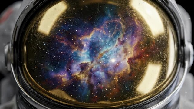Astronaut helmet visor displaying evolving nebula. Cosmic space animation revealing galaxy and stars inside. Universe exploration and futuristic discovery concept.