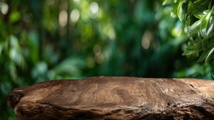 Fototapeta premium A rustic wooden surface set against a backdrop of vibrant greenery creates a calming effect, establishing a connection with nature and inviting creativity.