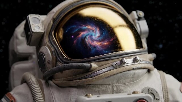 Astronaut helmet visor displaying swirling galaxy animation. Cosmic nebula forming inside golden reflective shield. Space exploration concept with digital universe visualization in protective gear.