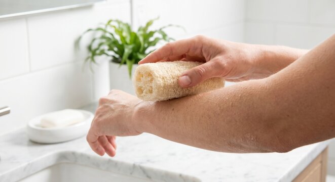 Natural loofah sponge exfoliating bumpy skin on arm