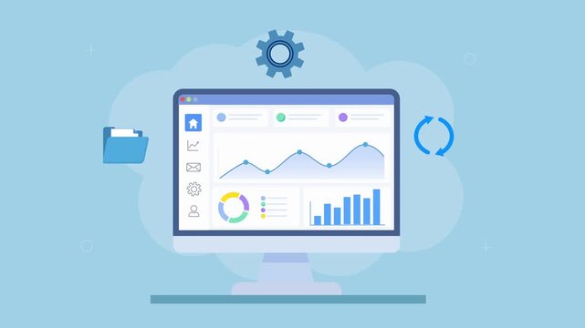 Looping flat animation of a cloud analytics dashboard with charts, settings gear and sync icons, representing system configuration, data updates, and workflow automation.