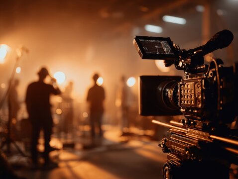 Film production and content creation showing a camera on set with crew and lighting for a movie TV or commercial shoot The behind-the-scenes atmosphere of the entertainment industry.