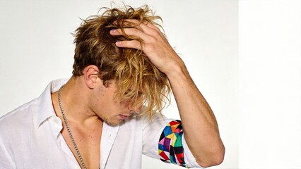 Naklejka premium Young male model looking frustrated or stressed holding hand in hair wearing white shirt with colorful sleeve patch silver chain necklace isolated on clean studio background