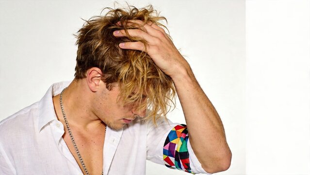 Young male model looking frustrated or stressed holding hand in hair wearing white shirt with colorful sleeve patch silver chain necklace isolated on clean studio background