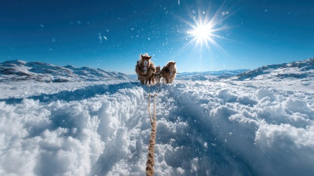 Two joyful dogs run through a snow-covered landscape, perfectly capturing the essence of winter adventure and the thrill of exploration through captivating wilderness.