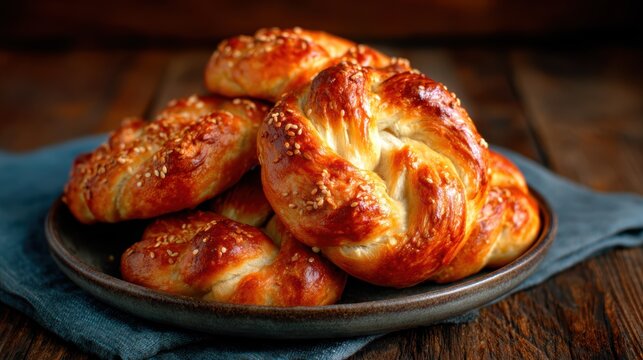 A tempting collection of beautifully twisted, golden brown bread rolls topped with sesame seeds, perfect for enhancing any dining experience or bakery display.