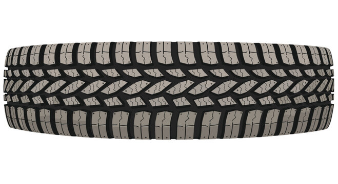 A single black rubber vehicle tire with a deep tread pattern and sharp angular grooves is isolated on a clean white background with neutral gray lighting.