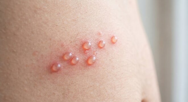 Close-up of chickenpox vesicles on human skin torso