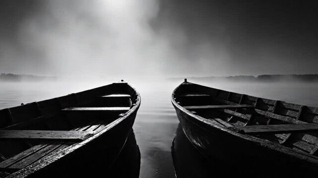 Black and white shot of two empty boats on the calm lake in the early morning fog