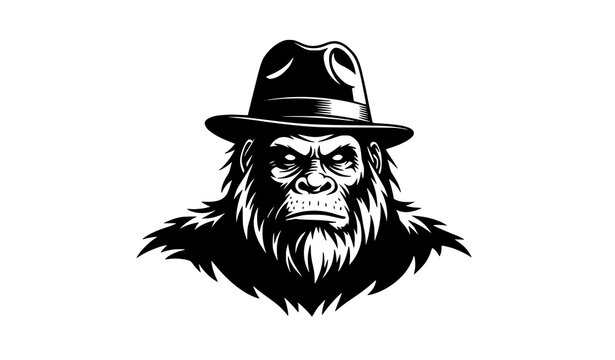 Monochrome Bigfoot portrait vector illustration with fedora hat for mysterious creature and cryptid design
