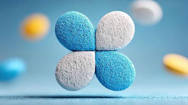 Textured Blue & White Effervescent Tablets Forming Four-Leaf Clover Shape, Close-Up Shot For Daily Wellness, Hydration Support And Nutritional Supplement Healthcare Materials