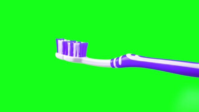 A detailed 3D animated purple and white toothbrush on a chroma key background. Ideal for dental hygiene tutorials, toothpaste advertisements, and daily morning routine visuals.