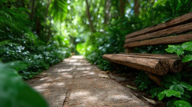 This vibrant image features a serene pathway flanked by lush greenery and a rustic wooden bench, inviting viewers to immerse themselves in nature&rsquo;s tranquil splendor.