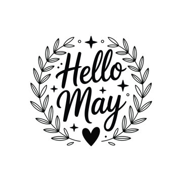 Hello May greeting card with floral wreath and stars illustration