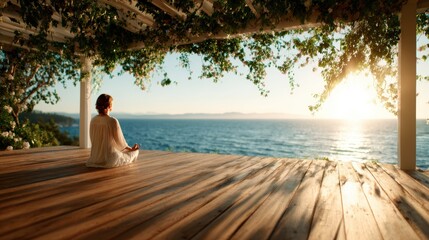 Fototapeta premium A serene scene of a woman meditating at sunrise on a wooden deck overlooking the ocean, capturing a moment of peace and reflection amidst nature's beauty.