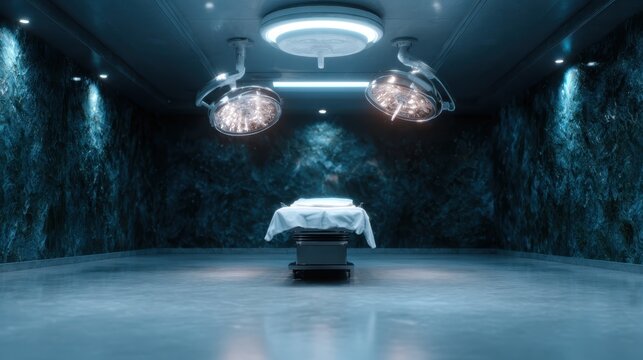 A dramatic view of an operating room, characterized by sleek design and stark lighting, evoking a sense of anticipation and seriousness in the realm of medical procedures.
